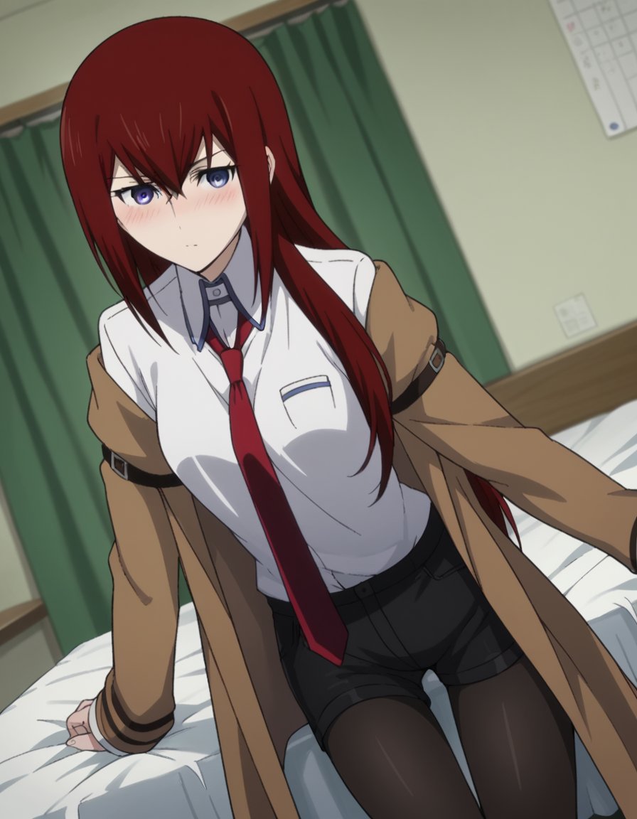 score_9, score_8_up, score_7_up, source_anime,kurisumakise, <lora:kurisu-makise-s1-ponyxl-lora-nochekaiser:1>,kurisu makise, hair between eyes, hair over shoulder, long hair, purple eyes, red hair, straight hair,black pantyhose, black shorts, brown coat, coat, collared shirt, long sleeves, necktie, pantyhose, pantyhose under shorts, shirt, short shorts, shorts, sleeves past wrists, white shirt, wing collar,indoors, bed, bed room, on side, blush, drunk,looking at viewer, cowboy shot, solo, dutch angle,