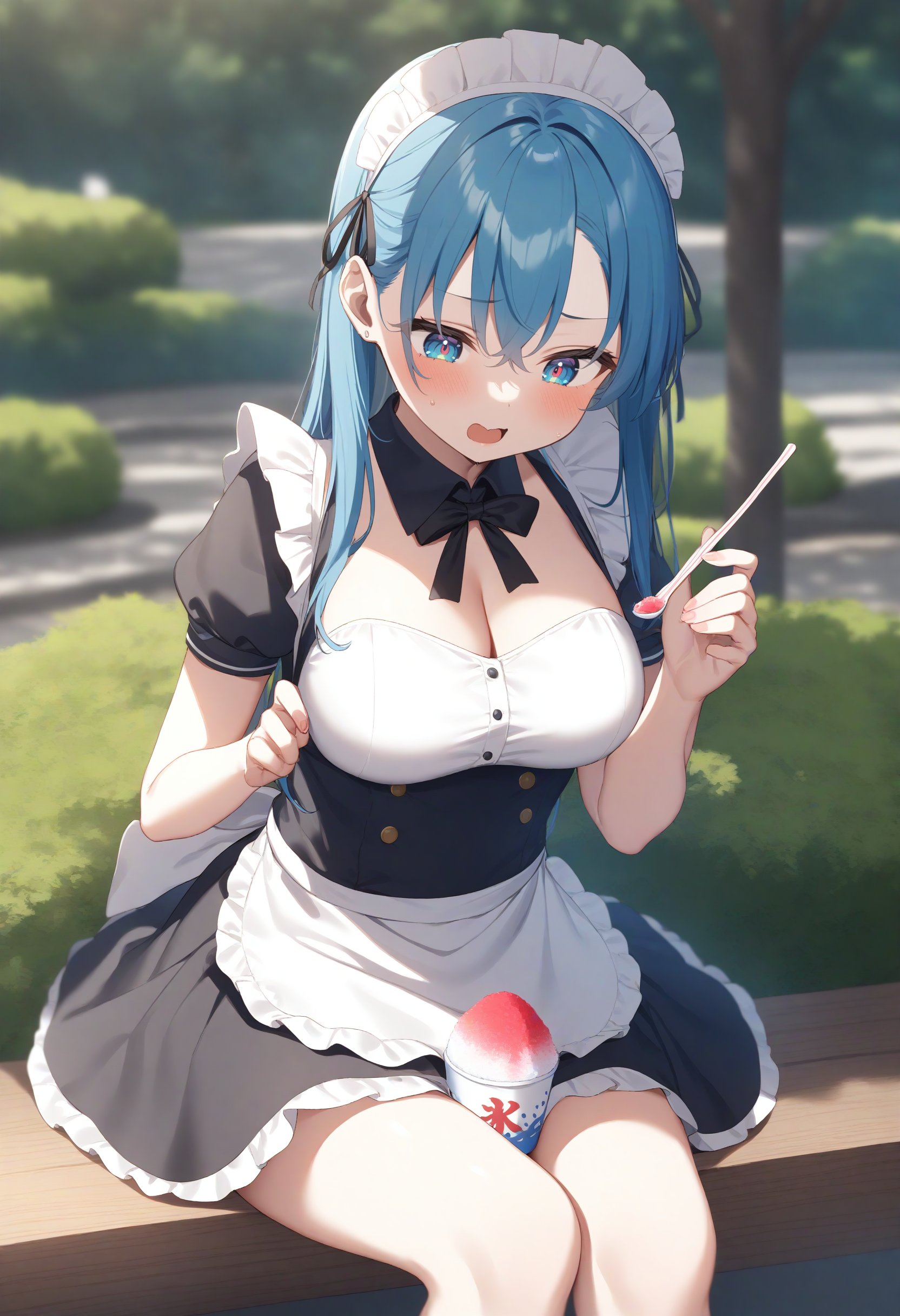 1girl,sincos, ningen mame, toosaka asagi,solo,large breasts,20yo,maid,maid headdress,shaved ice,<lora:shavedice_XL_v1:0.8>holding drinking straw, spoon straw, eating,from side, feet out of frame, looking down, blue hair, gray eyes,seductive smile, botanical garden, open mouth, lightly curled inwards hair,,best quality, very aesthetic, absurdres