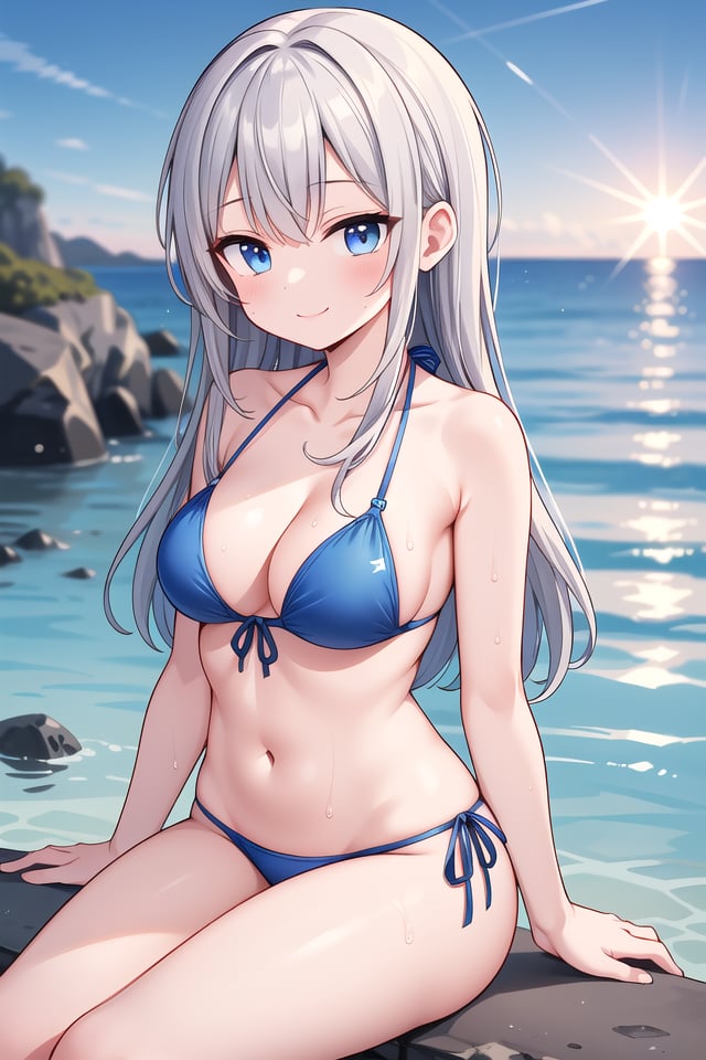 insanely detailed, absurdres, ultra-highres, ultra-detailed, best quality,1girl, solo, nice hands, perfect handsBREAK(pastel colored bikini:1.3)BREAKhappy smile, laugh, closed mouth,sitting on beach, seductive pose, cowboy shotBREAKslender, kawaii, perfect symmetrical face, ultra cute girl, ultra cute face, ultra detailed eyes, ultra detailed hair, ultra cute, ultra beautifulBREAKDimly lit morning sea Capture the mysterious beauty of the ocean as it slowly awakens under the faint light of dawn, depth of field, ultra detailed backgroundBREAKlarge breasts, cleavage, extremely detailed navel, (wet skin:1.2), (shiny skin:1.3)BREAKgrey hair, blue eyes, medium long hair,