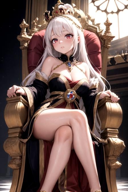 Step into the opulent realm of "Crimson Monarchy," a kingdom where power and beauty converge in the form of a resplendent queen. Visualize an awe-inspiring image of the queen, her white hair cascading like a regal waterfall, her deep red eyes reflecting both wisdom and authority, as she sits upon her throne, contemplating her kingdom.The throne room exudes grandeur and majesty, adorned with ornate golden accents and draped in rich crimson tapestries that bear the emblem of the realm. Sunlight streams through towering stained-glass windows, casting a kaleidoscope of colors upon the polished marble floors. The air is infused with the scent of polished wood and perfumed candles, adding to the atmosphere of regal elegance.Seated upon her throne, the queen radiates an aura of both power and grace. Her white hair is a symbol of her wisdom and experience, flowing like a river of moonlit silk. Her deep red eyes, intense and captivating, hold the secrets of the kingdom and speak of her unwavering resolve. She embodies a formidable ruler whose beauty and authority command the admiration of her subjects.The queen's attire is befitting of her royal stature, exuding a sense of regality and refinement. Picture her in a gown adorned with intricate embroidery and precious gemstones that catch the light and shimmer like stars. The gown is a testament to her strength, embracing her figure with confidence while still allowing her freedom of movement. A regal crown rests atop her head, symbolizing her rightful place on the throne.