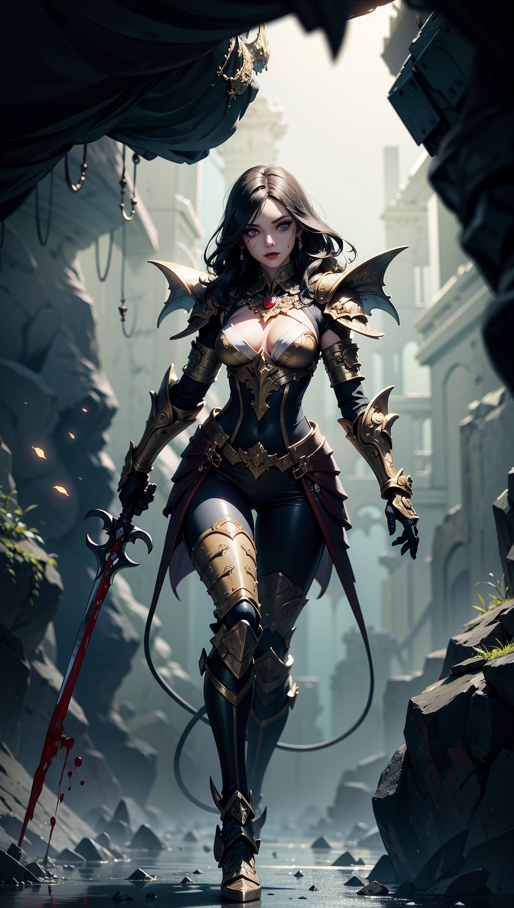 Full body shot,(photorealistic, realistic),masterpiece,absurdres,highres,high quality,ultra detailed,beautiful and aesthetic,horror (theme),1 woman,dynamic pose,shiny skin,lovely face,(holding weapon),enchanted armor,ancient,intricate details,expressive drips,(energetic movement),(sense of depth),glowing aura,in the depths of a gloomy dungeon,illuminated by divine light,(perfect lighting),(mysterious scenery),magical lighting,skull,blood,blood splatter,