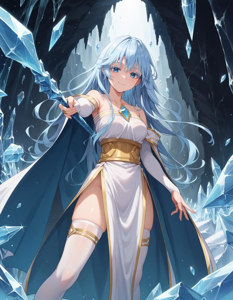 score_9, score_8_up, score_7_upBREAKelfaria_olis, 1girl, solo, light blue hair, long hair, colored eyelashes, blue eyes, chest jewel, off-shoulder dress, yellow sash, side cape, bridal gauntlets, pelvic curtain, white thighhighs, looking at viewer, smile, closed mouth, cryokinesis, mage staff, holding staff, outstretched arm, legs apartBREAKwind, wind lift, ice, ice crystal, ice shard, ice flower, aura, magic, cave, dark<lora:elfaria_Wistoria_ponyxl_v1_char:1>