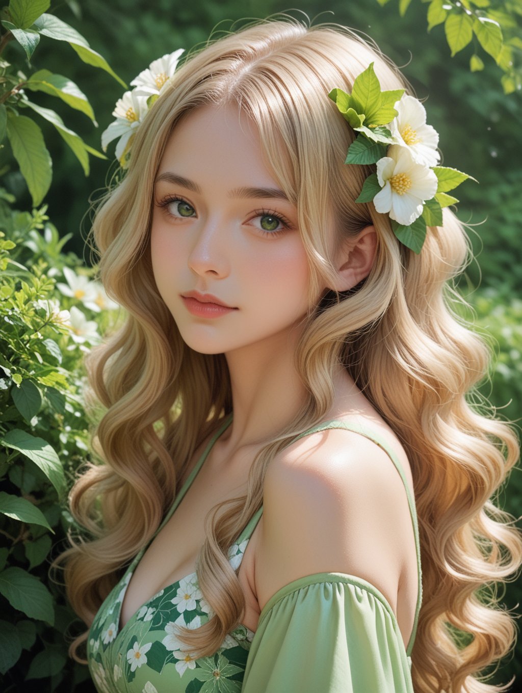 score_9, score_8_up, score_7_up,1girl, portrait, blonde hair, green green hign neck dress, floral backgrtound, looking at viewer, long hair, bangs, wavy hair, flower in hair, nature,