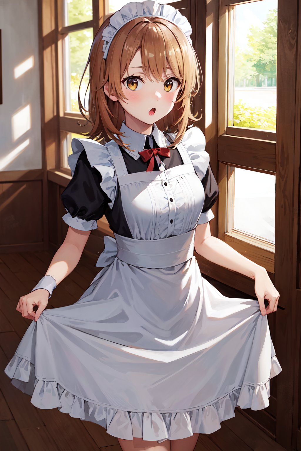 masterpiece, best quality, highres, aairoha, medium hair, <lora:isshiki_iroha_v1:0.7>, :o, indoors, maid, maid headdress, skirt hold, standing,