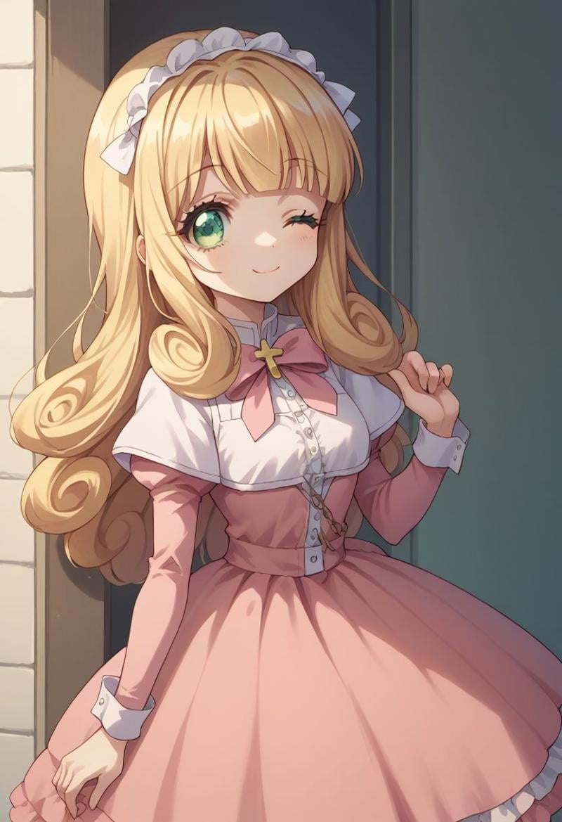 score_9, score_8_up, score_7_up, source_anime, highly detailed, 1girl, solo, cute,poporon, 1girl, one eye closed, solo, blonde hair, long hair, dress, pink dress, green eyes, wink,