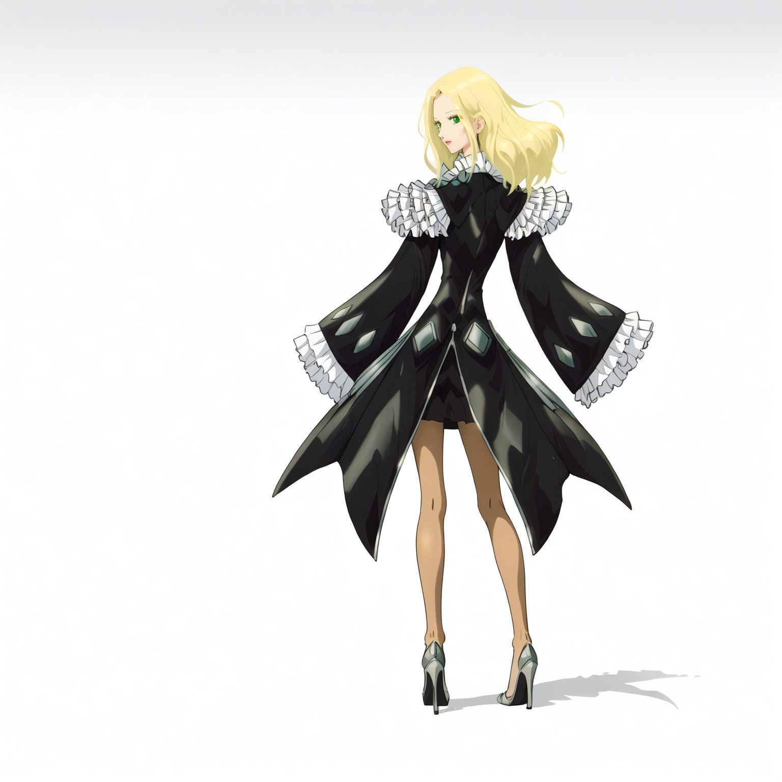 <lora:FatimaPasitheaXLpony002>,solo,FatimaPasithea,1girl,blonde hair,long hair,green eyes,black body suit,black dress,long_sleeves,wide_sleeves,frill sleeve,brown pantyhose,high_heels,full body,standing,looking back,