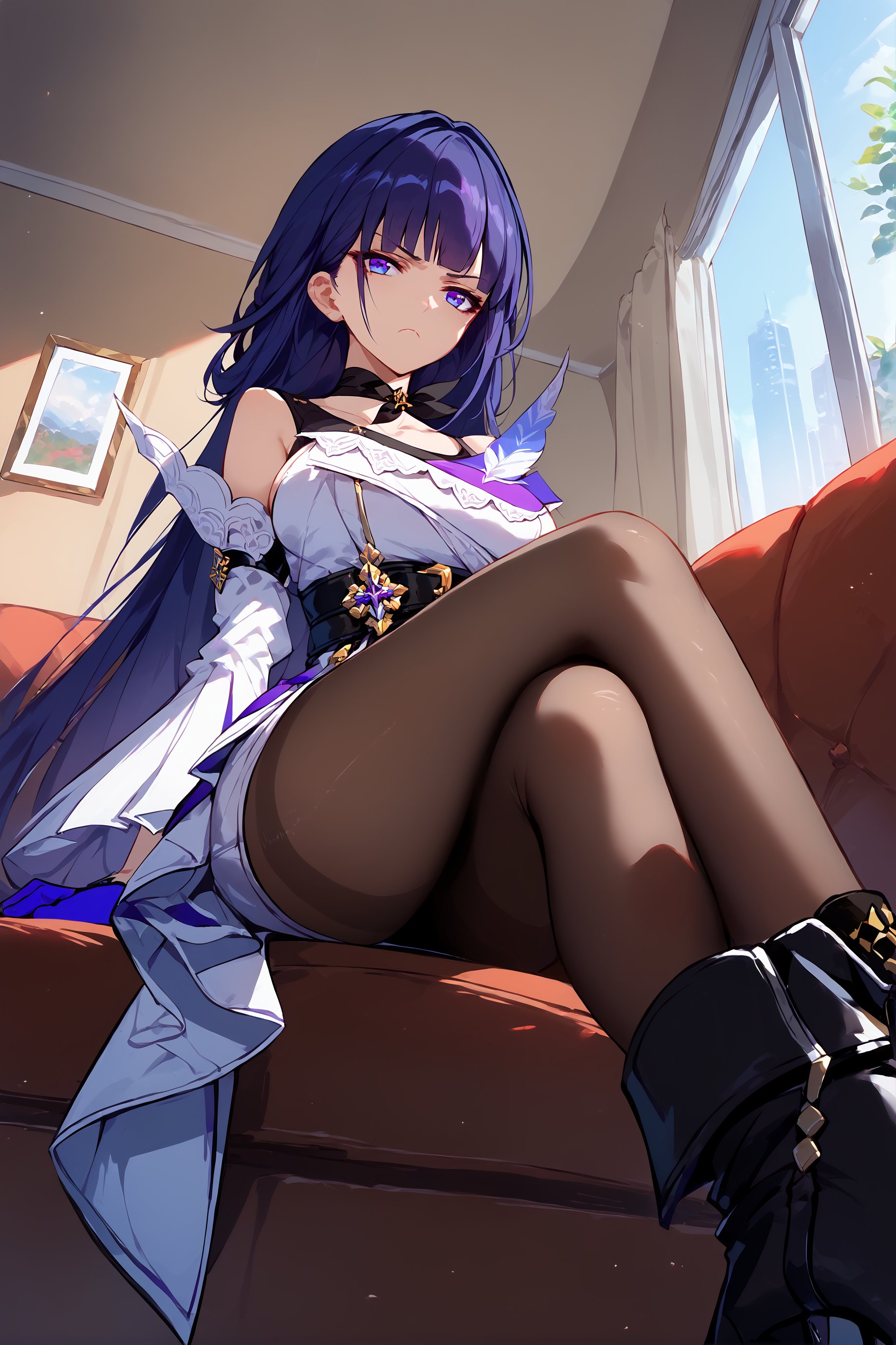 score_9, score_8_up, score_7_up, 1girl, raiden mei, solo, pantyhose, high heel boots, single glove, layered dress, ribbon choker, tank top, detached sleeves, sitting, crossed legs, from below, on couch, windows, living room, glaring  <lora:Char-Honkai-RaidenMei-V1-Pony:1>