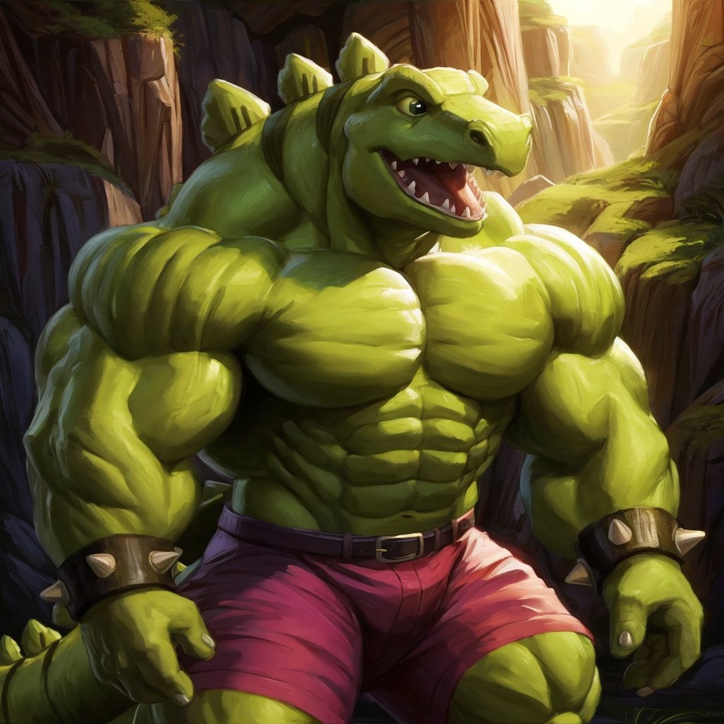 <lora:Stegz_v2.0:0.7>,stegz,stegosaurus,stegosaurian,spikes,shorts,spiked bracelet,green body,muscular,(huge muscles:1.5),pecs,abs,muscular arms,muscular legs,tail,open mouth,sharp teeth, portrait of a CGI animation character, magical background, bright natural lighing, backlighting, professional studio quality, looking at camera, large round cute detailed eyes, detailed, cute, adorable, intricately detailed, fantasy art, digital painting