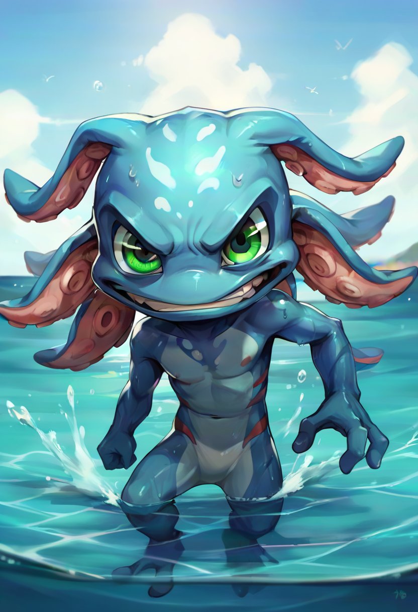 score_9, score_8_up, score_7_up, score_6_up, f1zz, 1boy, yordle, male focus, colored skin, blue skin, green eyes, tentacle hair, <lora:Fizz_Default_v1:0.7>, solo, looking at viewer, water, ocean, (mad, angry)