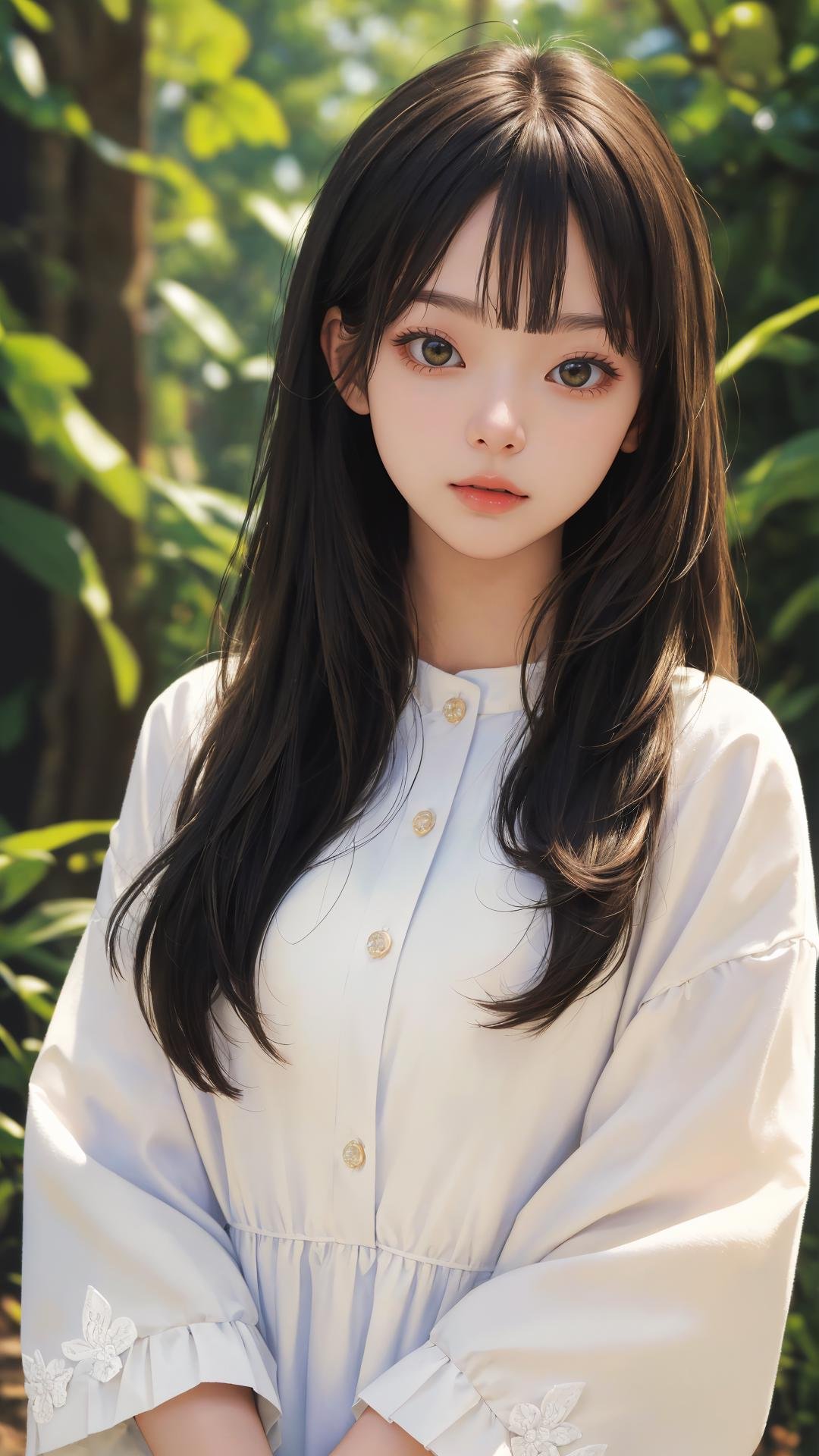 (masterpiece:1.4),(best quality:1.4),(absurdres:1.4),(looking at viewer),(intricate details:1.2), (extremely detailed:1.2), outdoors,1girl, bangs, sleek, long hair, day with sunlight, peaceful face, upper body,