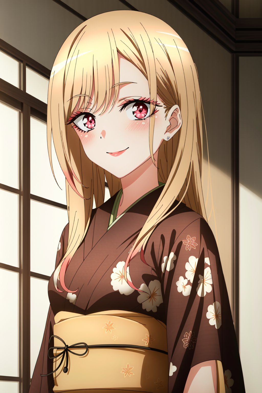 (anime coloring),(masterpiece),(best quality),(ultra-detailed),(best illustration),(best shadow),(absurdres),(detailed background), <lora:OGT_Marin_Kitagawa-v3:0.9> Marin Kitagawa, 1girl, solo, japanese clothes, kimono, blonde hair, smile, looking at viewer, long hair, multicolored hair, black kimono, pink eyes, sash, eyelashes, floral print, blush, blurry, upper body