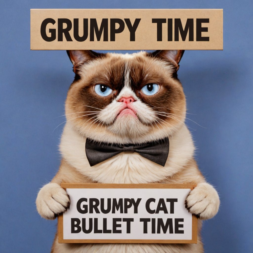 Photo of grumpy cat with a sign saying "grumpy bullet time"