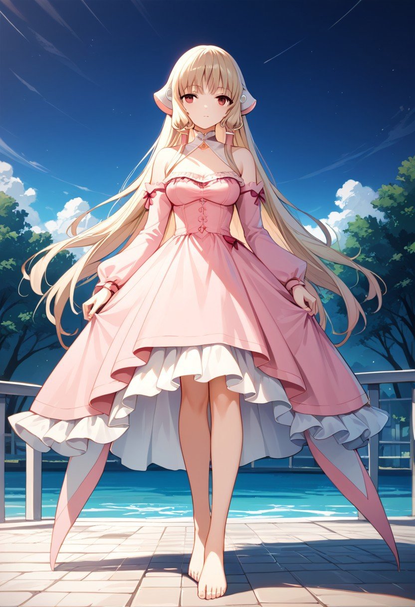 score_9,score_8_up,score_7_up,source_anime, Chii (Chobits),1girl,solo,long sleeves,dress,bare shoulders,standing,full body,frills,detached sleeves,barefoot,pink dress,