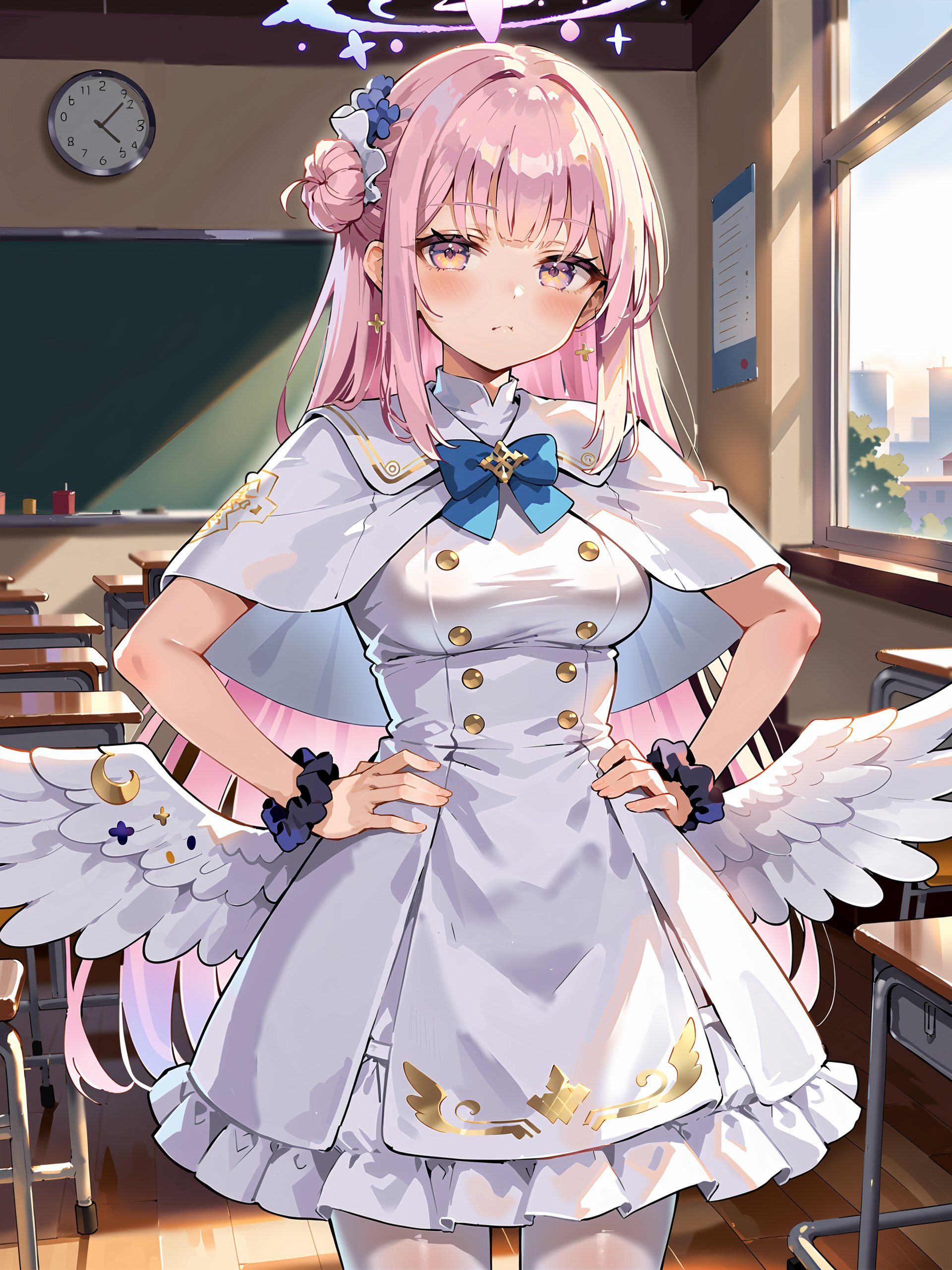 score_9, score_8_up, score_7_up, source_anime, 1girl, mika \(blue archive\), solo, halo, wrist scrunchie, low wings, hair flower, white dress, single side bun, white pantyhose, capelet, blue bowtie, standing, cowboy shot, looking at viewer, pout, blush, hands on hips, sunset, classroom, window, backlighting, depth of field  <lora:Char-BlueArchive-Mika-Pony-V1:0.9>