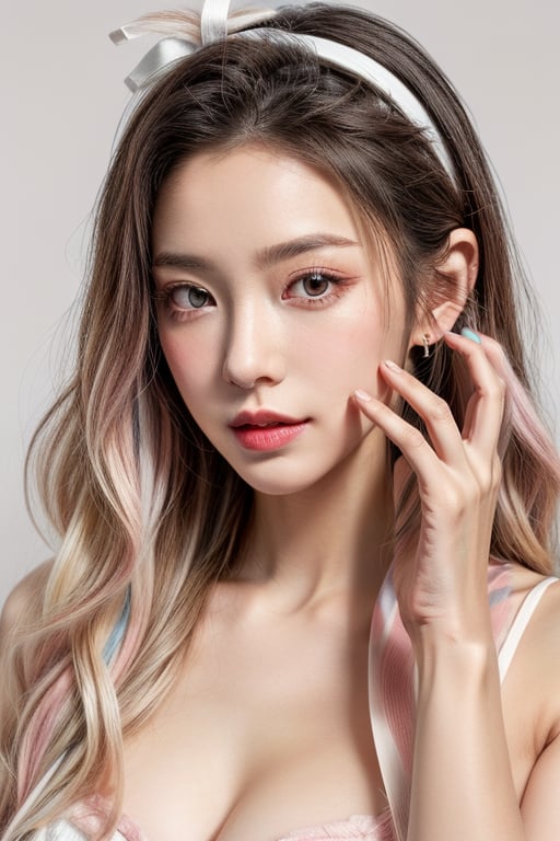 (fashion photography:1.3), (sweet:1.2), nail polish, eyeliner, eyelashes, lipstick, makeup, The girl has long, (wavy hair with a mix of pink and white colors:1.1), which gives off a soft and whimsical vibe. They are wearing what appears to be a light-colored, possibly pink, top with a ruffled neckline. The person is also adorned with accessories that include a headband with a bow and what looks like a feather or a decorative element on the side. The overall aesthetic is very cute and playful, with a focus on pastel colors and a fantasy-like quality. The background is simple and does not distract from the subject, which is the person's face and upper body, <lora:add_detail 3:1>