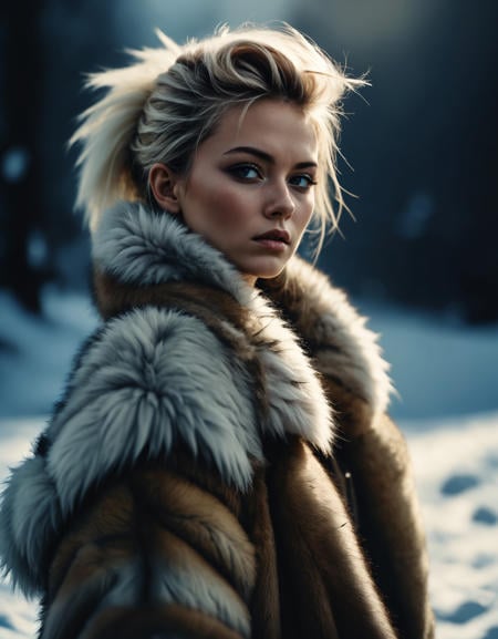 glamour shot,(dark mood masterpiece Photography by Mario Giacomelli:1.2),high quality, 8K Ultra HD, beautiful Eskimo female warrior wearing thick fur over her entire body, fur coat, blonde hair, extremely elaborate hair updo, fur, beautiful, full depth of field and realistic textures, colorful, atmospheric haze, Film grain, cinematic film still, highly detailed, high budget, cinemascope, moody, epic, OverallDetail, gorgeous, 2000s vintage RAW photo, photorealistic, candid camera, color graded cinematic, eye catchlights, atmospheric lighting, imperfections, natural, shallow dof