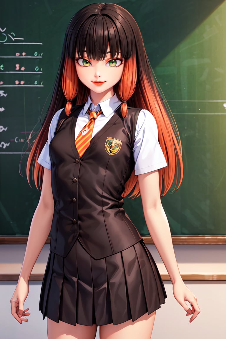 masterpiece, best quality, highres, realistic, 3d, solo, lilavolpina, green eyes, fringe, long hair, black hair, orange hair, multicolored hair, bangs, no mask, lipstick, small breasts, school uniform, pleated skirt, <lora:Lila_Rosi:0.8>, looking at viewer, light smile, school, classroom, chalkboard, sfw, <lora:add_detail:0.5>