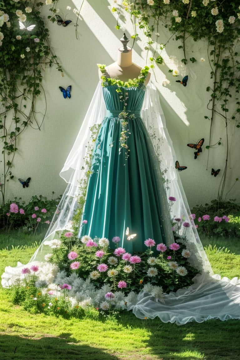 ClothingDesign, bug, no humans, butterfly, flower, scenery, grass, sunlight, outdoors, blurry, plant, veil, tombstone, <lora:20240601-1717209436687:0.8>