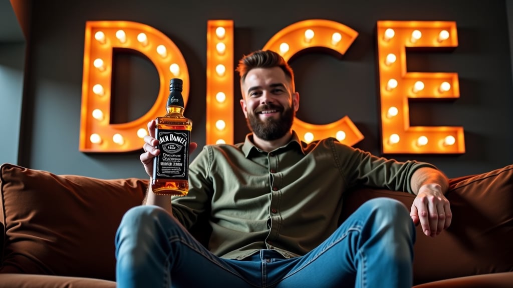 a man holding a bottle of Jack Daniels sitting on the sofa, Text above the man, The text in epic font says "DICE"