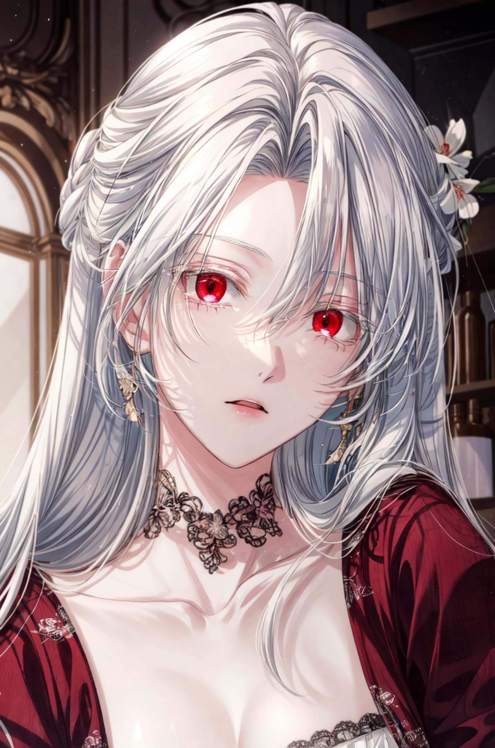 close up, masterpiece, (best quality), 1girl , white hair, Raviel, red eyes, <lora:RavielIvansia:0.7>, <lora:add_detail:1>