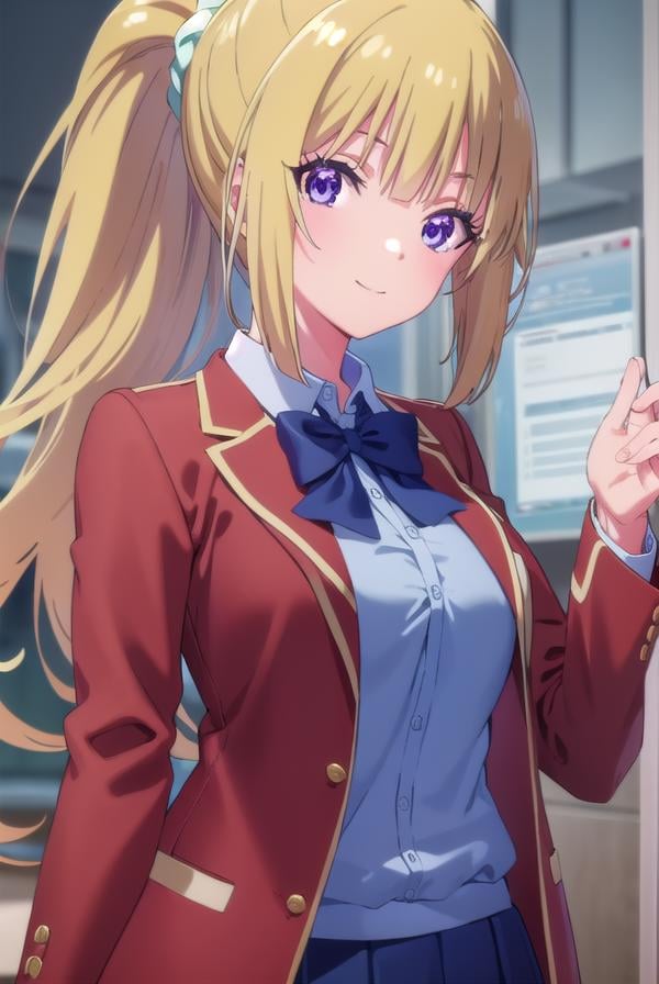 keikaruizawa, <lora:kei karuizawa s2-lora-nochekaiser:1>, kei karuizawa, long hair, bangs, blunt bangs, (purple eyes:1.1), blonde hair, shirt, hair ornament, ponytail, scrunchie, blue scrunchie, smile,BREAK skirt, shirt, bow, school uniform, jacket, (red jacket:1.2), pleated skirt, bowtie, sweater, (blue bow:1.2), (blue shirt:1.2),BREAK indoors, classroom,BREAK looking at viewer, (cowboy shot:1.5),BREAK <lyco:GoodHands-beta2:1>, (masterpiece:1.2), best quality, high resolution, unity 8k wallpaper, (illustration:0.8), (beautiful detailed eyes:1.6), extremely detailed face, perfect lighting, extremely detailed CG, (perfect hands, perfect anatomy),