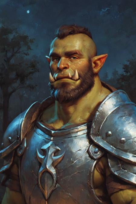 score_9, score_8_up, score_7_up, solo, male focus, mature male, orc, green skin, tusks, beard, outdoors, armor, looking at viewer, shoulder armor, breastplate, upper body, closed mouth, pauldrons, night, night sky, standing <lora:Oil Painting Style XL:0.5> <lora:Gothic Art  Style SDXL_LoRA_Pony Diffusion V6 XL:0.5>