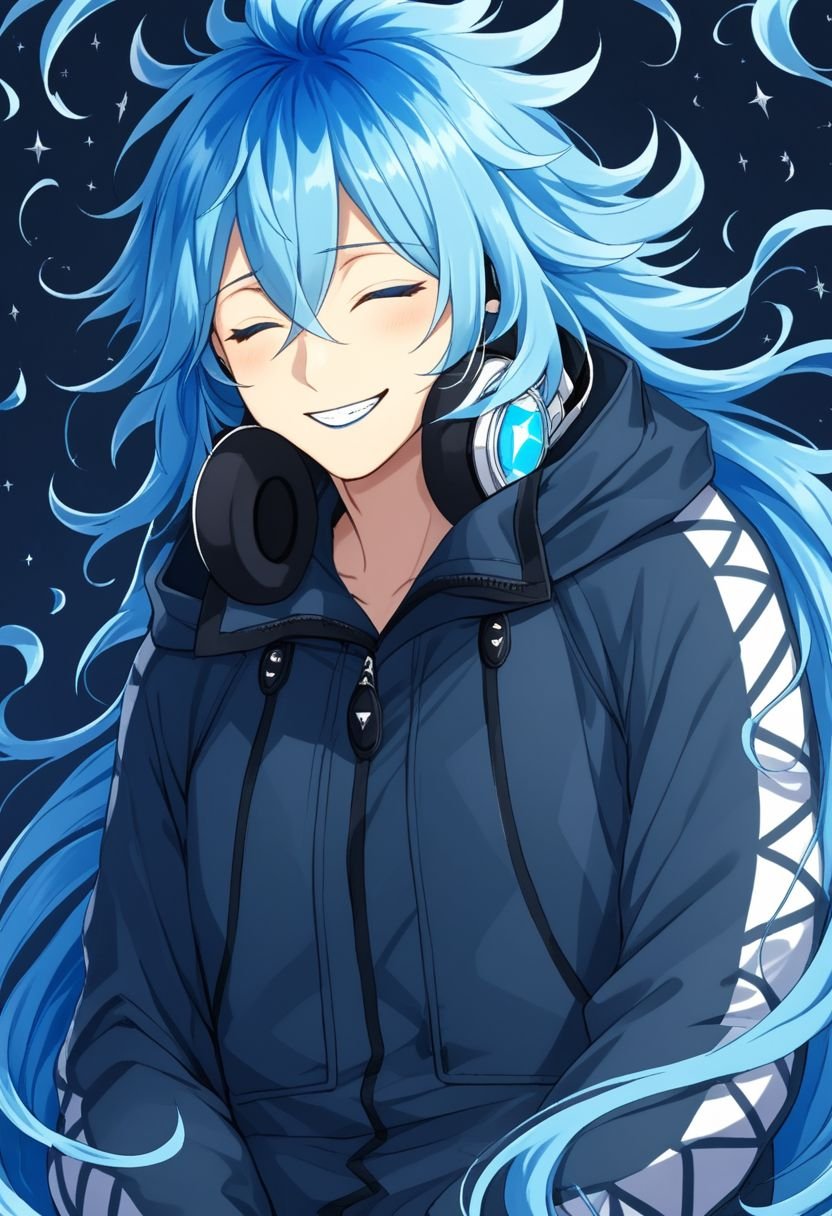 idia_shroud, blue hair, very long hair, 1boy, closed eyes, headphones around neck, listen music, smile, cute