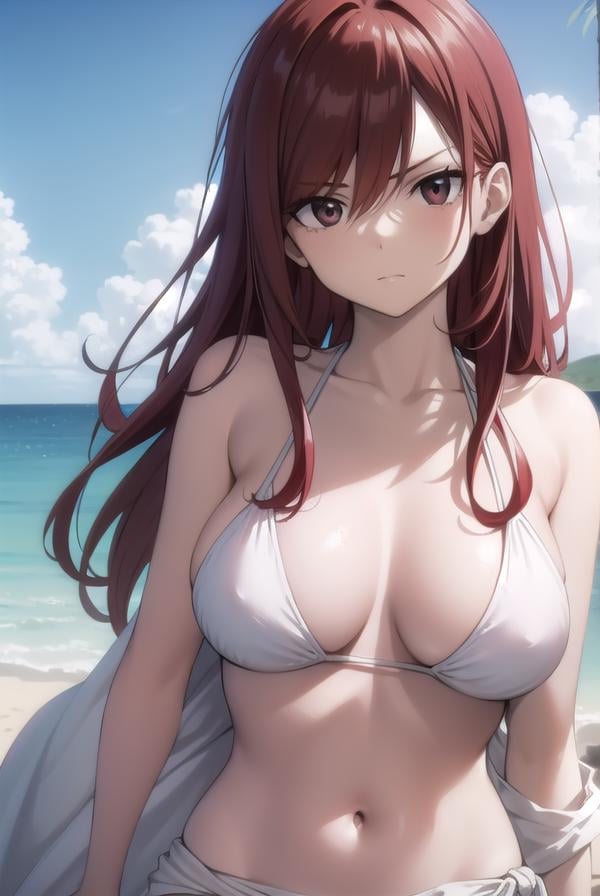 erzascarlet, <lora:erza scarlet v2-lora-nochekaiser:1>,erza scarlet, long hair, (red hair:1.5), hair between eyes, (brown eyes:1.7),BREAK navel, swimsuit, bikini, tattoo, white bikini, (sarong:1.5),BREAK outdoors, beach,BREAK looking at viewer,BREAK <lyco:GoodHands-beta2:1>, (masterpiece:1.2), best quality, high resolution, unity 8k wallpaper, (illustration:0.8), (beautiful detailed eyes:1.6), extremely detailed face, perfect lighting, extremely detailed CG, (perfect hands, perfect anatomy),