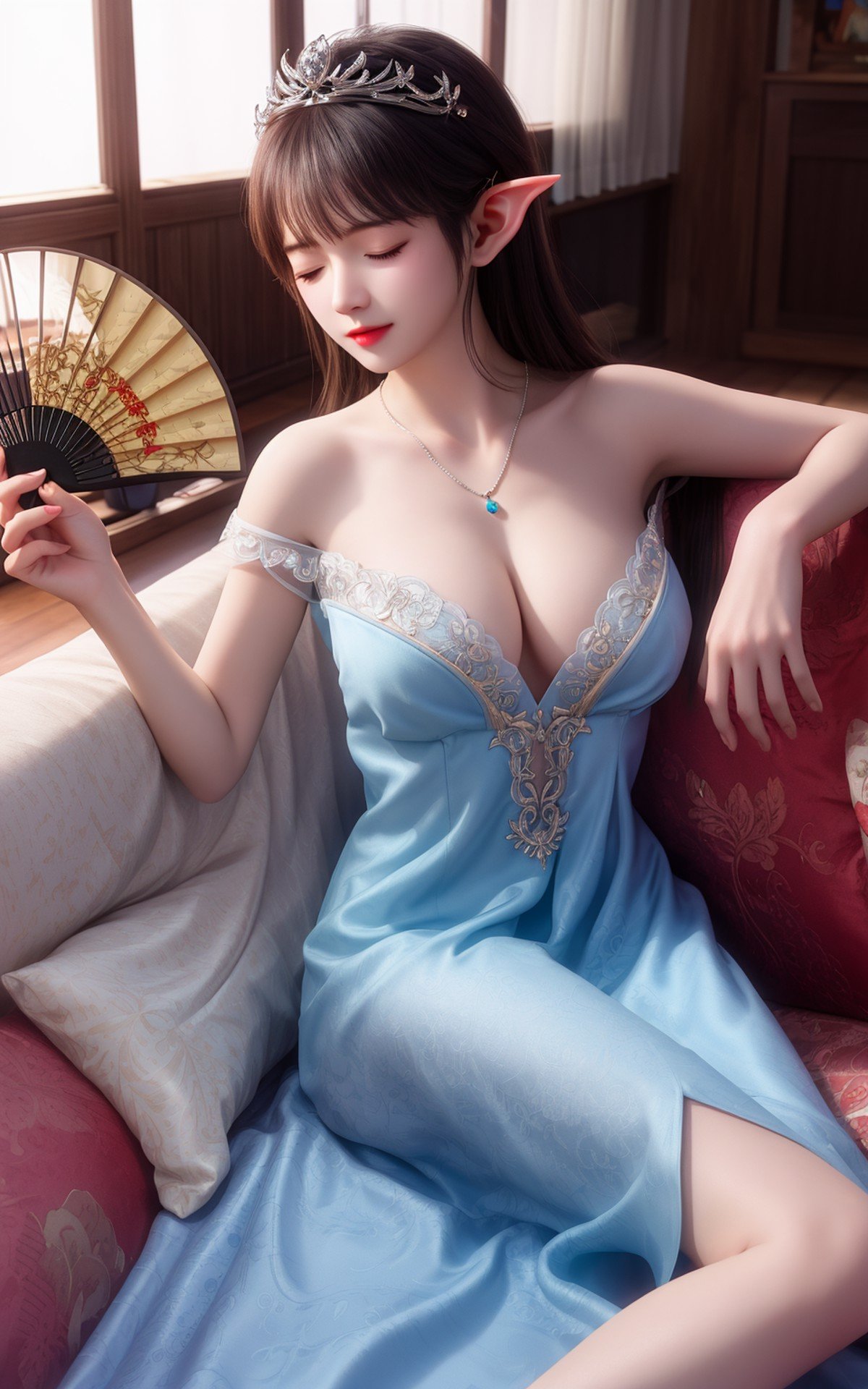 best quality,masterpiece,highres,cg,1girl, pointy ears, breasts, hand fan, dress, jewelry, solo, necklace, tiara, strap slip, cleavage, sitting, pillow, closed eyes, elf, couch, folding fan, curtains, holding fan, bare shoulders, holding, grey hair, blue dress, large breasts, medium breasts,lighting,candid,Photograph,high resolution,4k,8k,Bokeh,