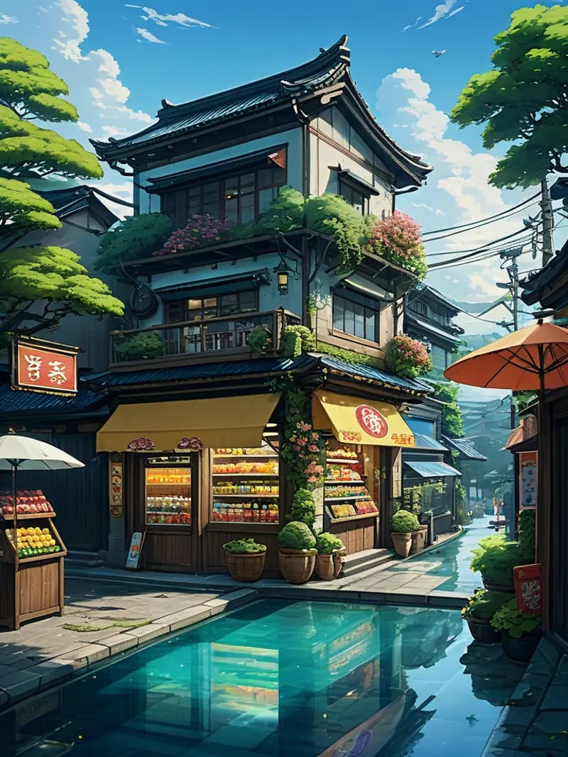 (Masterpiece),(Best Quality),highres,Beverage advertising, featuring a store, grocery store, unique yokai illustrations, flowers, vines, lemons, water, swimming pool, swimming circle, sunshade umbrella, detailed character design, cute cats, double story buildings, road signs, and vertical paintings