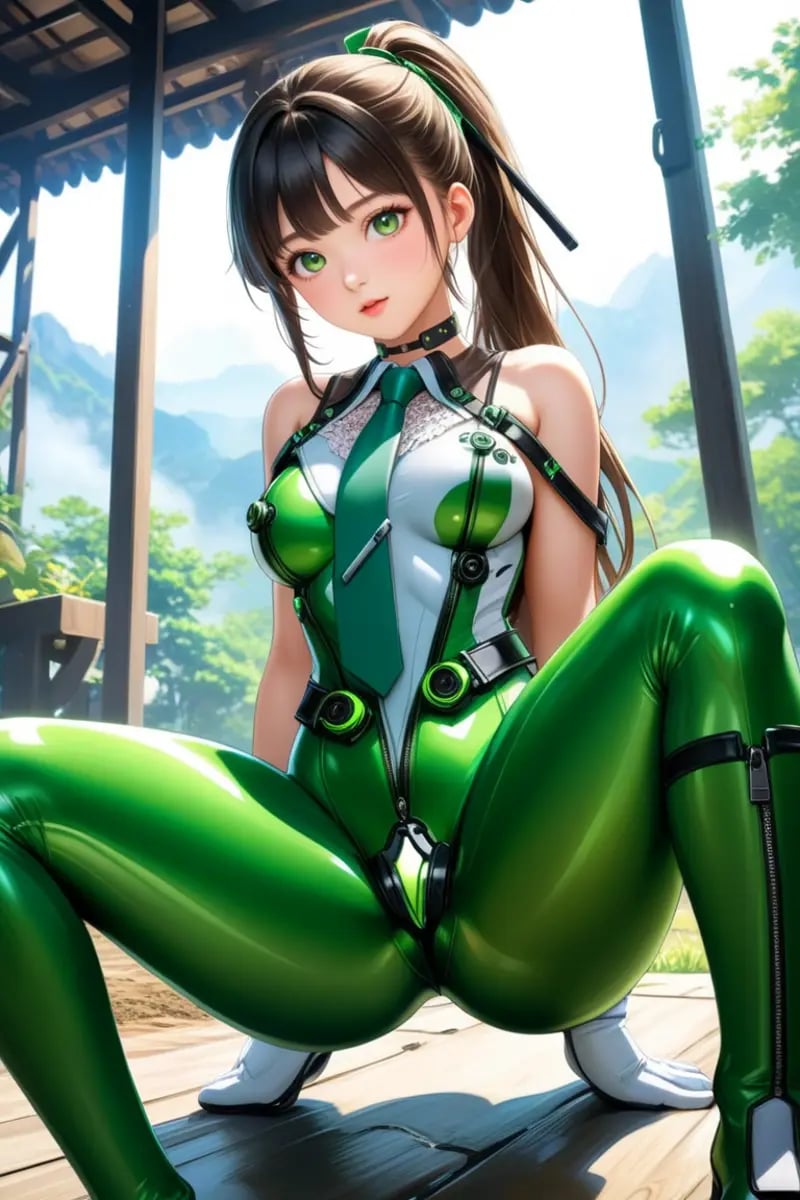 1girl,solo,full body,ruanyi0530,android,bare shoulders,belt,black choker,bodysuit,mechanical parts,zipper,green necktie,sleeveless,white gloves,18 years old Korean girl,green necktie,ponytail,very long hair,see-through,green bodysuit,squatting cowgirl position,spread legs,arms up,,outdoors,<lora:0530 Stellar Blade Battle Suit_3_xl_v1:0.9>, (masterpiece, top quality, best quality,beautiful,ultra detail:1.3,perfect lighting,beautiful eyes),(extremely detailed,highest detailed, absurdres , highres,intricate),(young girl),, (official art), (((extremely detailed and beautiful background))), ((Ultra-precise depiction)), ((Ultra-detailed depiction)), (aesthetic),