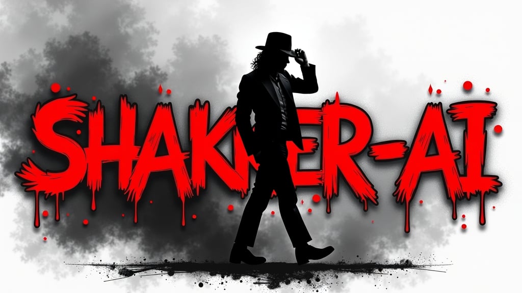 A solid black Silhouette of Micheal Jackson full length body, tip toes, bent knees, side view hand on his Fedora hat,  grey smoke and fire fills the background, black and white, To the side of Micheal Jackson is large red Graffiti, the Graffiti text says "SHAKKER-AI".