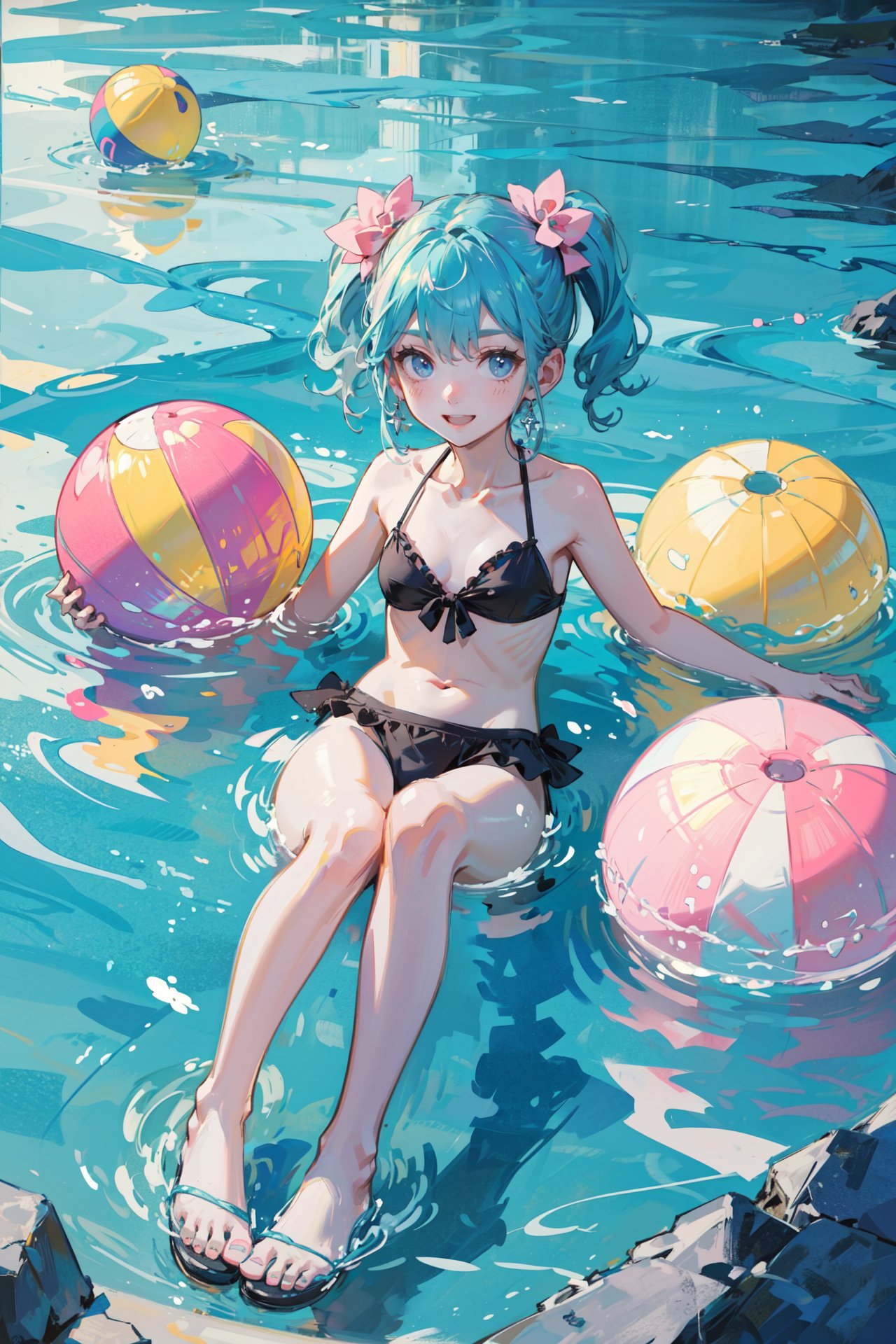 ((best quality, masterpiece, absurbres, super-resolution))  (kiddie pool:1.3), (pink, yellow, cyan), beach ball, float, kawaii