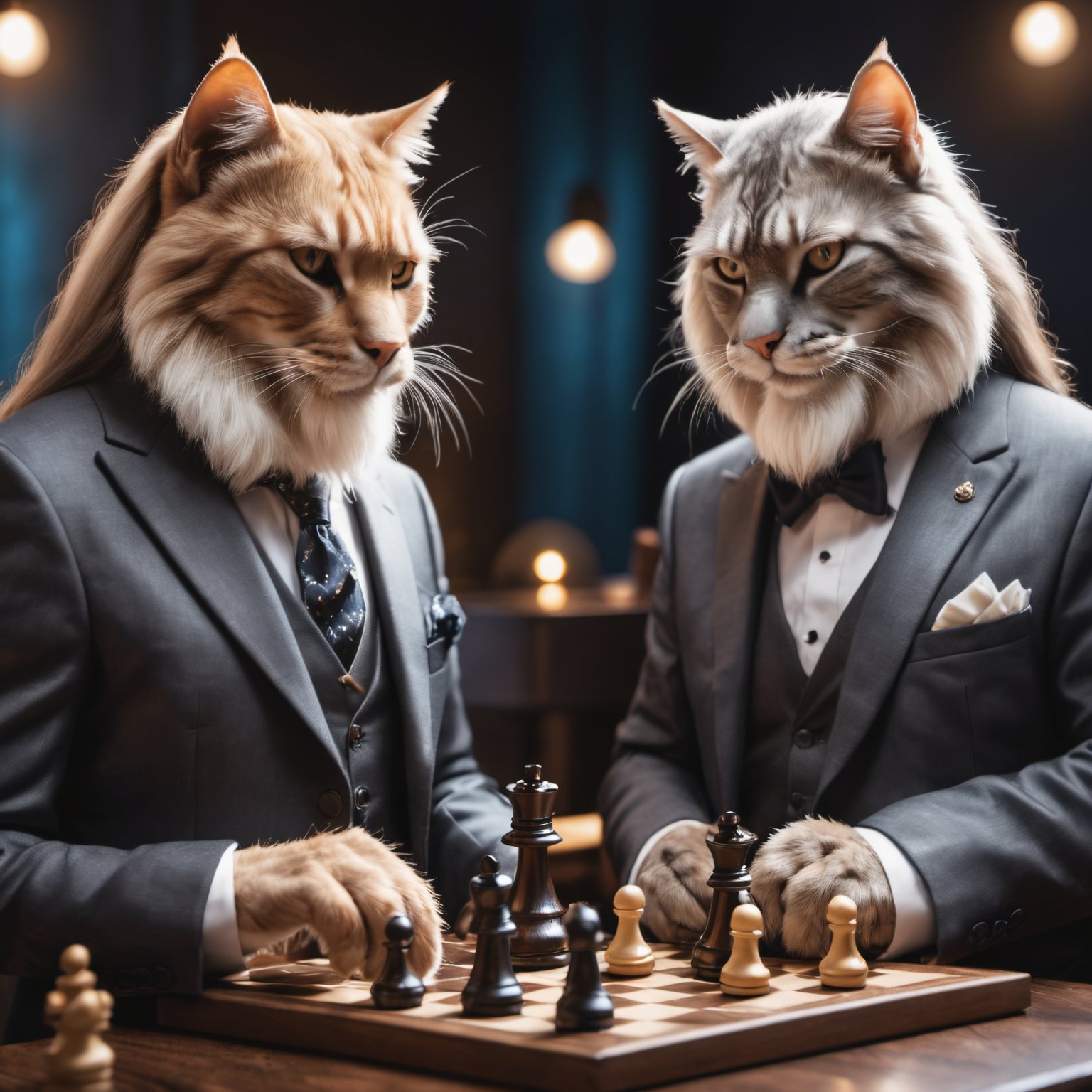 photo of 2 anthro of two, old anthro cats, long beards, wearing fancy suits, playing chess, high quality photography, 3 point lighting, flash with softbox, 4k, Canon EOS R3, hdr, smooth, sharp focus, high resolution, award winning photo, 80mm, f2.8, bokeh