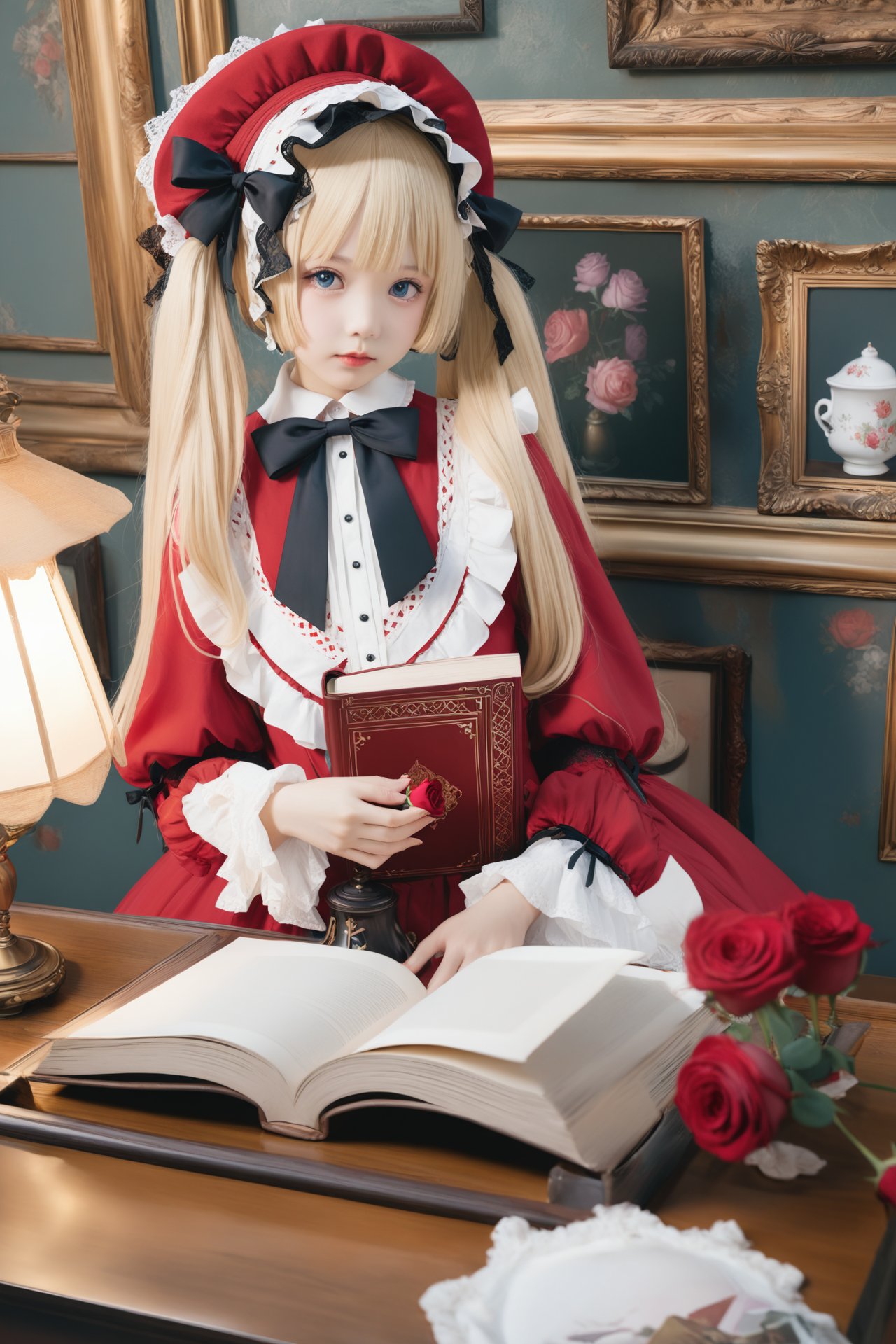 masterpiece,Realism,best quality,loli,1girl,blonde hair,shinku,dress,book,blue eyes,solo,bonnet,bow,holding,flower,lamp,rose,looking at viewer,long hair,red dress,black bow,frills,bowtie,realistic,long sleeves,indoors,frilled dress,cup,lips,lolita fashion,red headwear,capelet,lace trim,twintails,holding book,black bowtie,teacup,open book,lace,red flower,picture frame,standing,closed mouth,hat,painting (object),red rose,lace-trimmed sleeves,blunt bangs,nose,ribbon,head tilt,desk lamp,