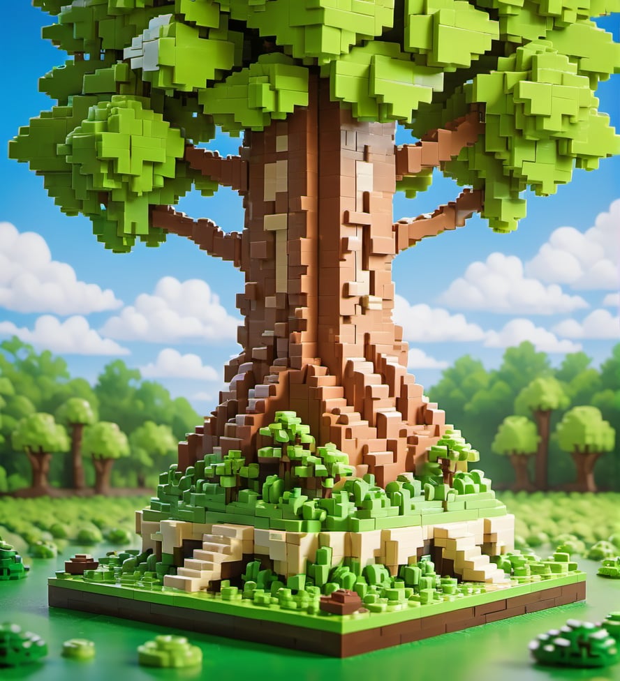 Lego pixel art,lego,forest scene,large trees,sunny day,blue sky,green landscape,lego bricks,nature,outdoors,miniature scale,clouds,detailed model,whimsical,toy building blocks,lush vegetation,foliage,tree canopy,play set,diorama,creative design,artistic craftsmanship,<lora:微型像素-000009:0.6>,