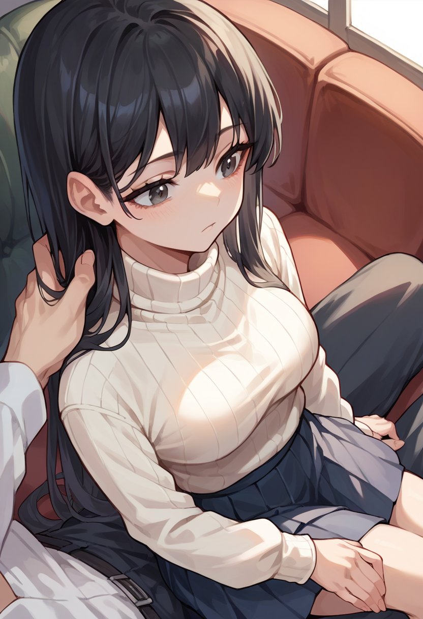 score_9, score_8_up, score_7_up, score_6_up, source_anime, 1girl, long hair, black hair, pov, sitting on lap, turtleneck sweater, pleated skirt, looking to the side, hand on another's shoulder, <lora:pov_sitting_on_lap_v0.1-pony:1>