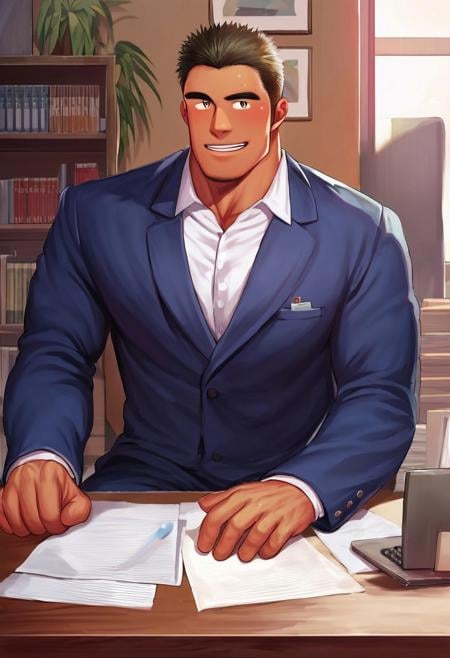 score_9,score_8_up,score_7_up, detailed face, detailed body, detailed eyes, Highest Quality, 4k, masterpiece, Amazing Details, source_anime, (((Moritake))), solo, 1boy, bara, office costume, in office, sits by the table, smile, shows the contract toward viewer, looking to viewer,