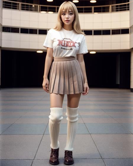 <lora:leg-warmers-v1:1> legwarmers, pleated skirt, t-shirt,full body shot<lora:AikaBody-v5:0.5>  a1ka, a woman solo, large breasts, blonde hair bangs, breasts, brown eyes, long hair,film grain, nikon fa, canon ae-1, film_camera, 1990s \(style\) candid 