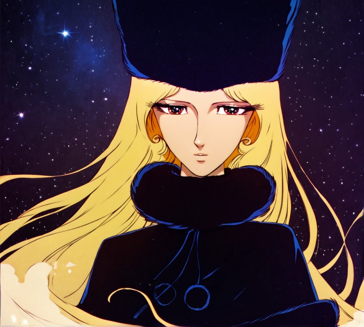 Maetel, retro style, 1980s, flat color, zPDXL, best quality, amazing quality, score 9, 1girl, black clothes, space, flowing hair, hands out, fur hat, <lora:Maetel:1>