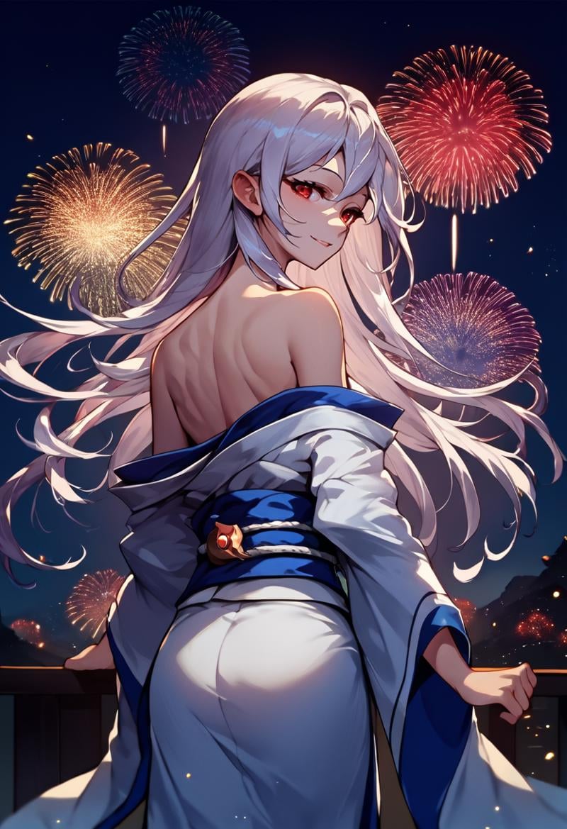 score_9, score_8_up, score_7_up, source_anime, from behind, solo, 1girl, silentmagician, slight smile, looking back, long hair, white hair, red eyes, japanese clothes, white kimono, off shoulder, blue sash, bare shoulders, fireworks <lora:yugioh_silentmagician_ponyXL:1>