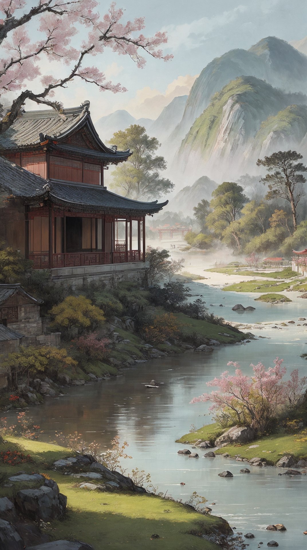 (masterpiece),(best quality),ultra hi res,reaslistic,Illustration in the style of Chinese national tide,Along The River During the Qingming Festival,Fine brushstrokes,Rich colors,Composition in the alternation of landscapes and ancient buildings,For packaging design,