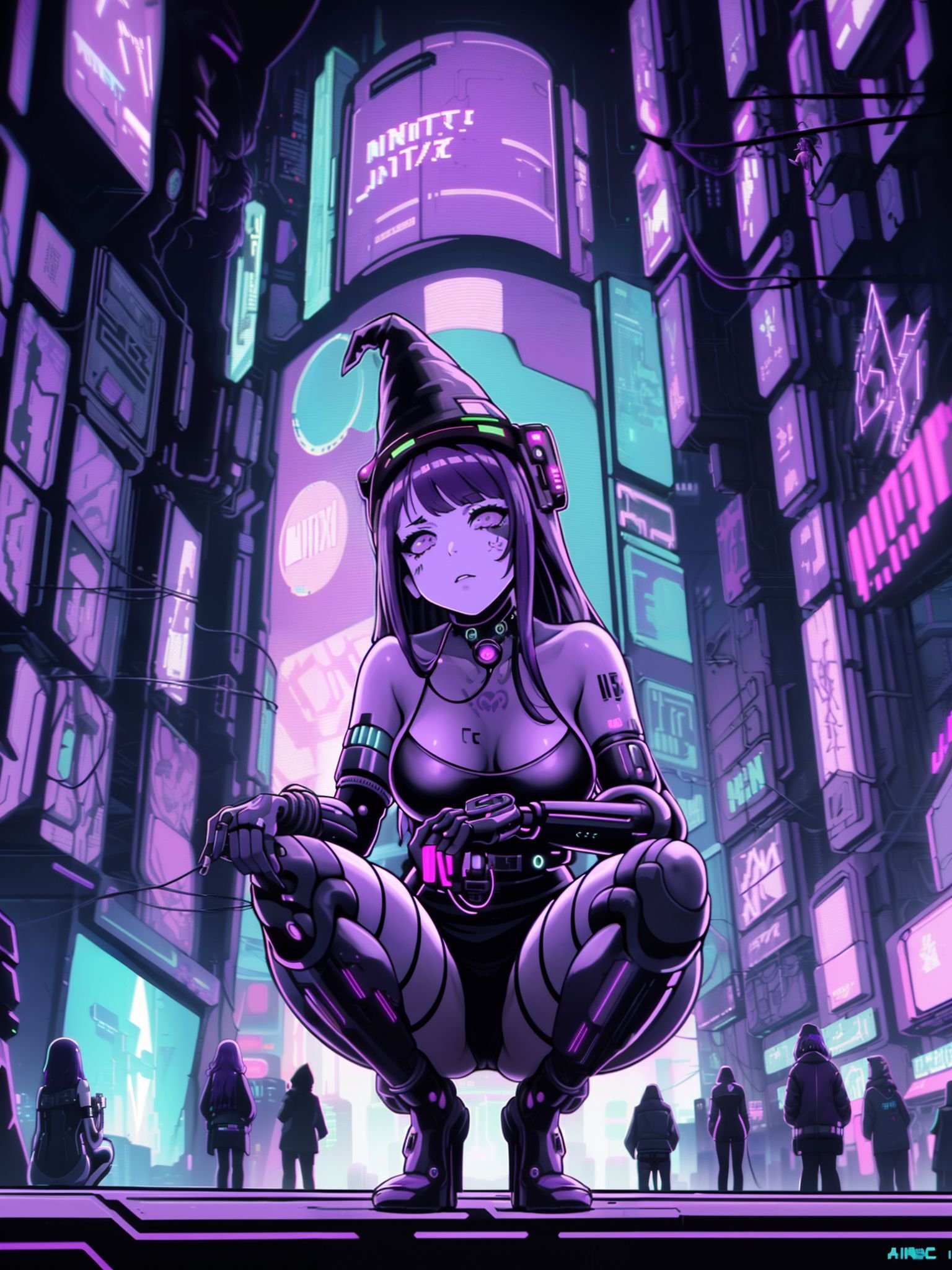 best quality, masterpiece, (detailed:1.2), 1girl, mona, squatting, cutesie, witch hat, science fiction, (cyberpunk:1.4), purple hair, chromatic aberration, outdoors, city, crowd, faceless crowd","wallpaper, solo, tattoo, monochrome,  (chromatic aberration), detailed background, mechanical parts, cable, indoors