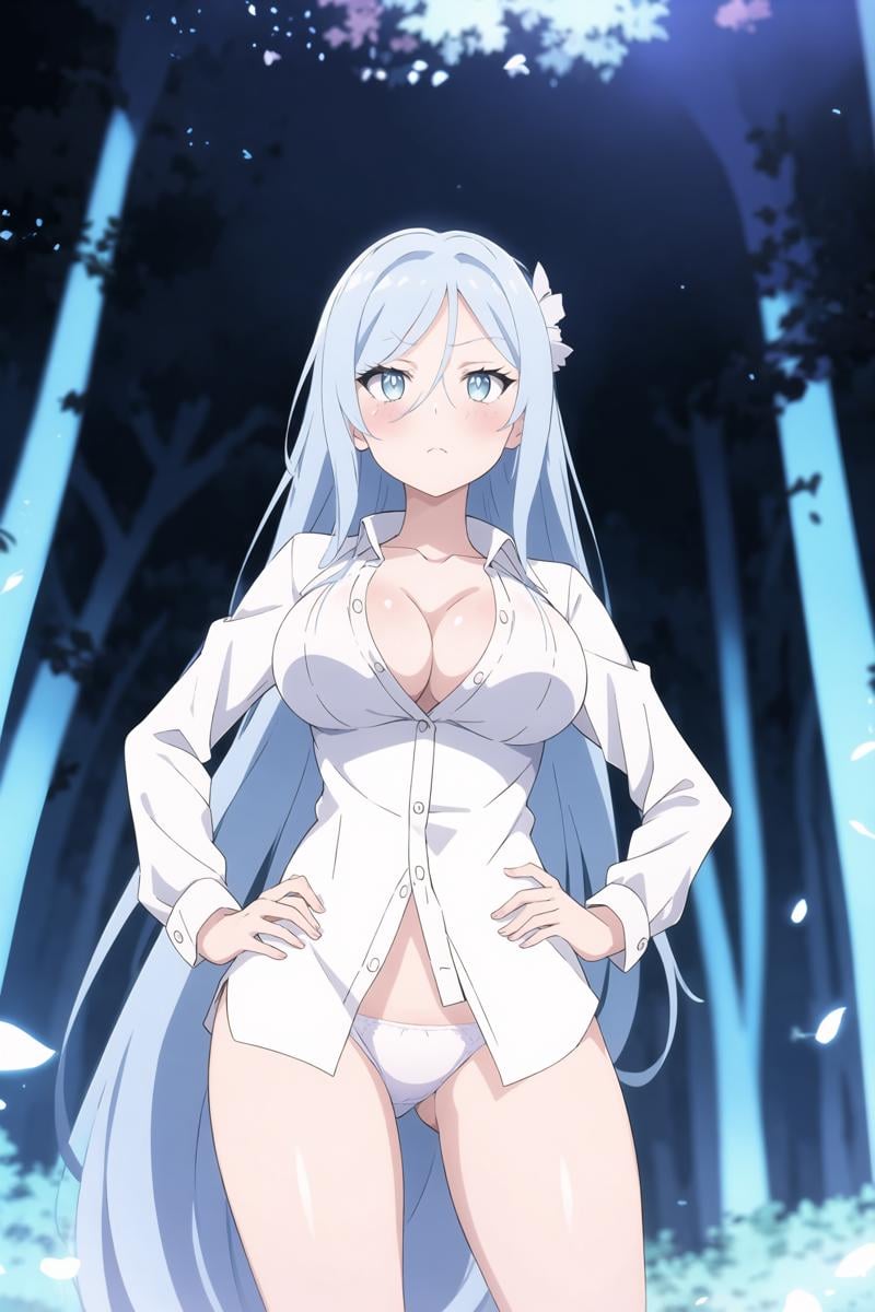 Sylpha, 1girl, anger vein, breasts, blue eyes, long hair, white panties, cleavage, light blue hair, night, hand on hip, blush, looking at viewer, large breasts, shirt, forest, blurry background, from below,    <lora:Sylpha - Dainanaoji R4:0.8>