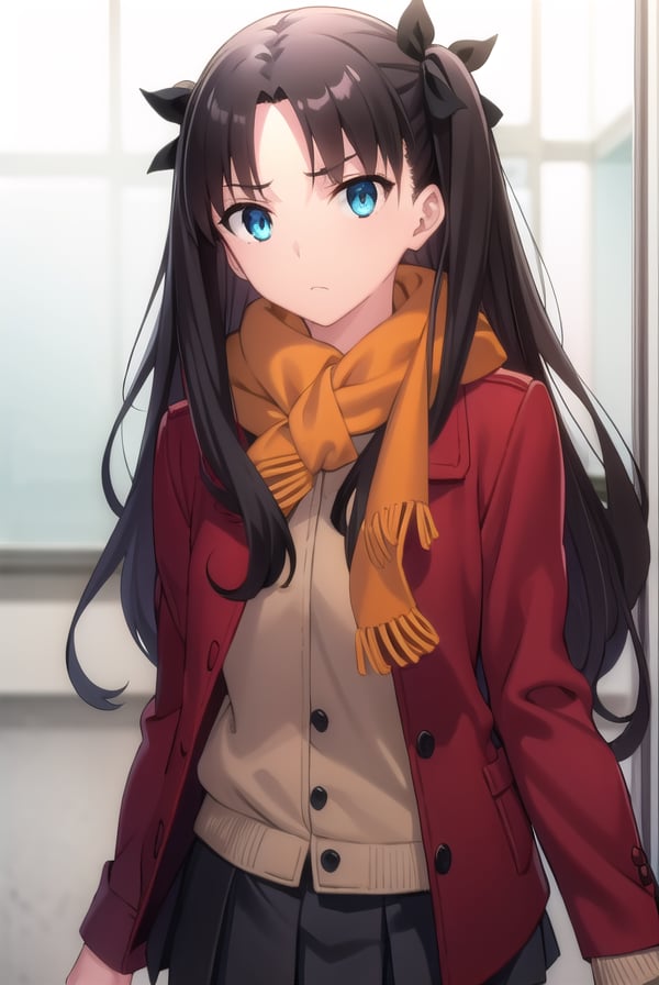 rintohsaka, <lora:rin tohsaka ubw-lora-nochekaiser:1>, rin tohsaka, aqua eyes, (black hair:1.2), hair ribbon, long hair, ribbon, sidelocks, two side up, (parted bangs:1.5),BREAK skirt, thighhighs, long sleeves, pleated skirt, black thighhighs, black skirt, scarf, zettai ryouiki, coat, (red coat:1.2), orange scarf,BREAK indoors, classroom,BREAK looking at viewer, (cowboy shot:1.5)BREAK <lyco:GoodHands-beta2:1>, (masterpiece:1.2), best quality, high resolution, unity 8k wallpaper, (illustration:0.8), (beautiful detailed eyes:1.6), extremely detailed face, perfect lighting, extremely detailed CG, (perfect hands, perfect anatomy),