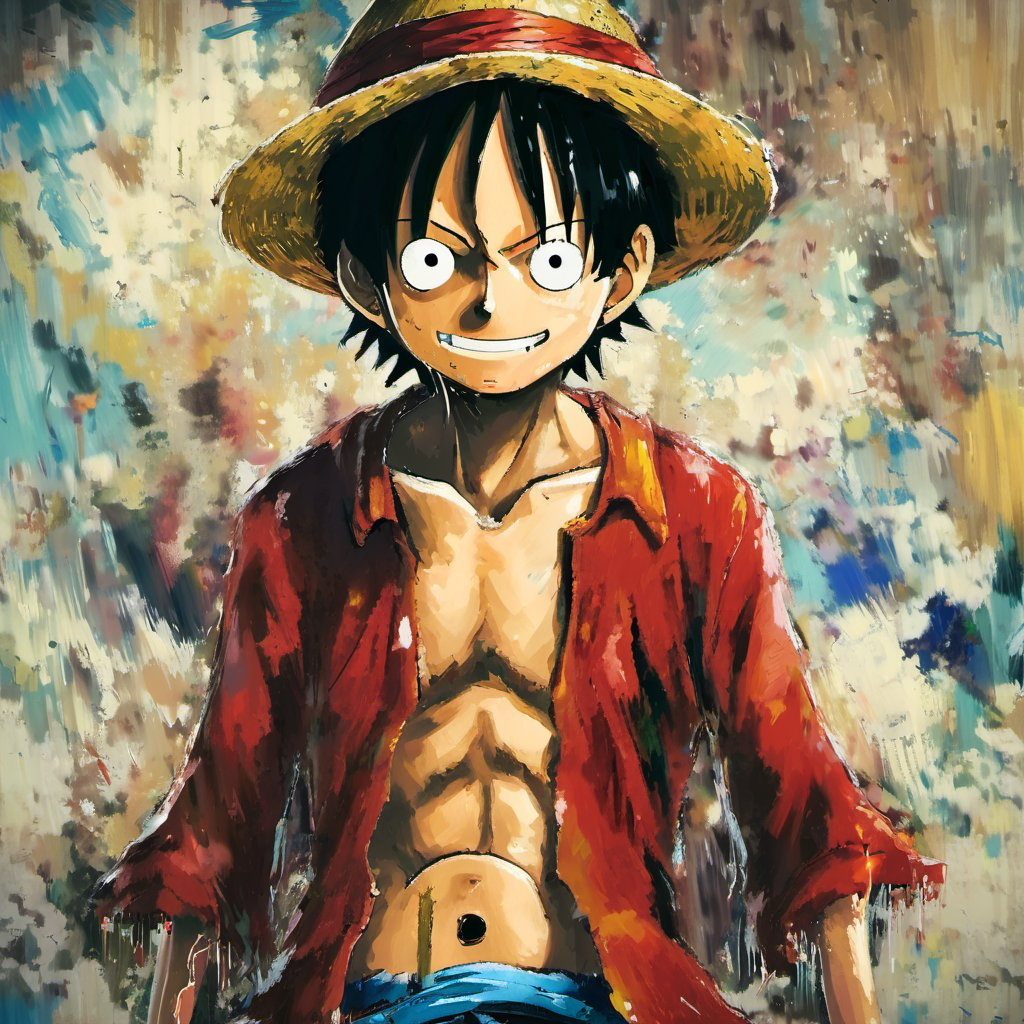 <lora:loneliness_xl_v2:0.8>,Luffy. The painting style is somewhat impressionistic,with visible brush strokes and a blend of colors