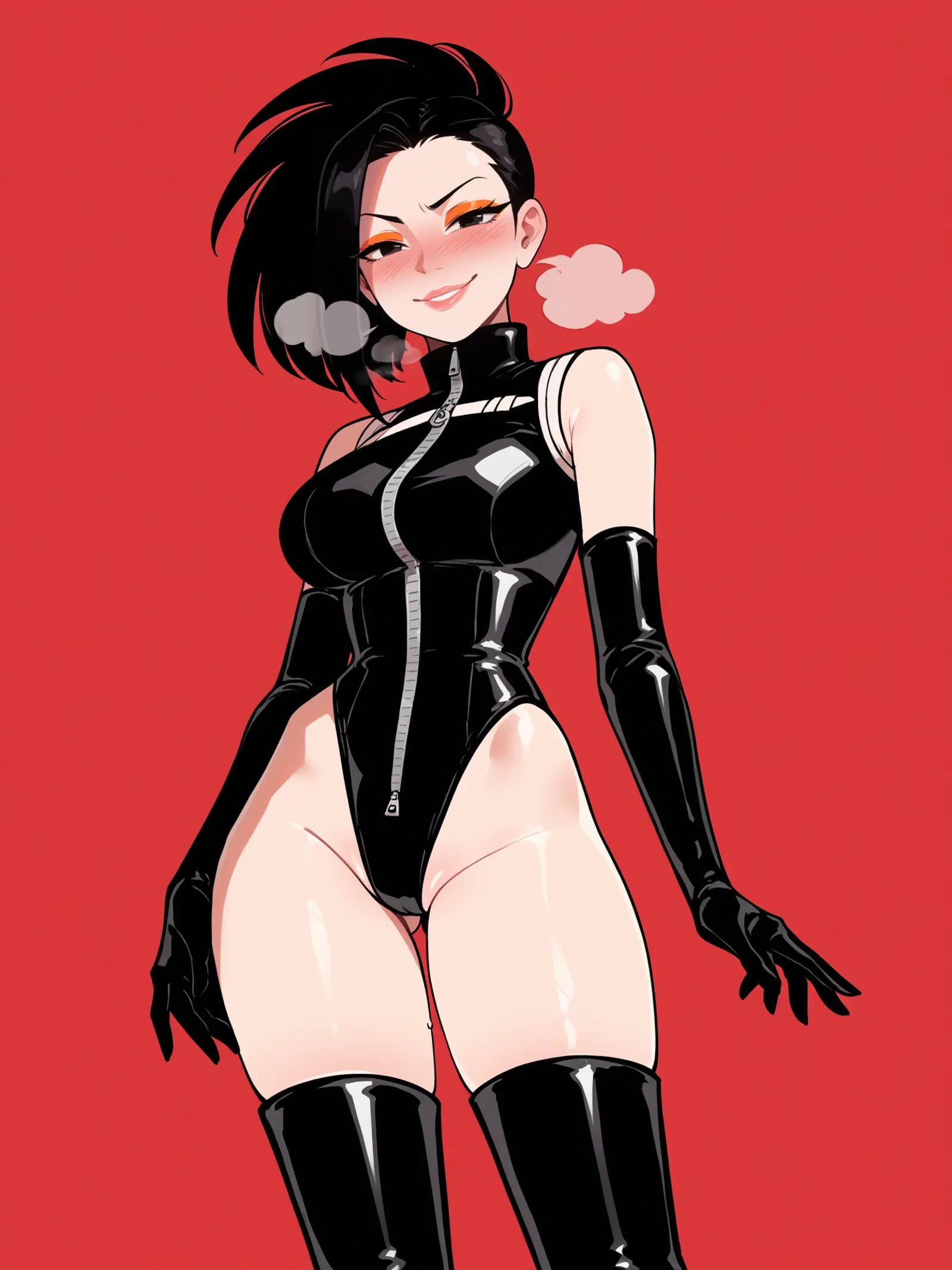 score_9, score_8_up, score_7_up, score_6_up, score_5_up, score_4_up,BREAK1girl, yaoyorozu momo, black hair, black eyes, long eyelashes, half-closed eyes, naughty face, seductive smile, thick lips, orange eyeshadow, black eyeliner, blush, nose blush, heavy breathing,BREAKsolo, standing, cowboy shot, large breasts, skinny, thigh gap, black latex leotard, black thigh boots, black elbow gloves, sleeveless, full-length zipper,BREAKred background, multicolored background, simple background, <lora:Lunas-Nyantcha-Thiccwithaq-SDXL-A1:1>