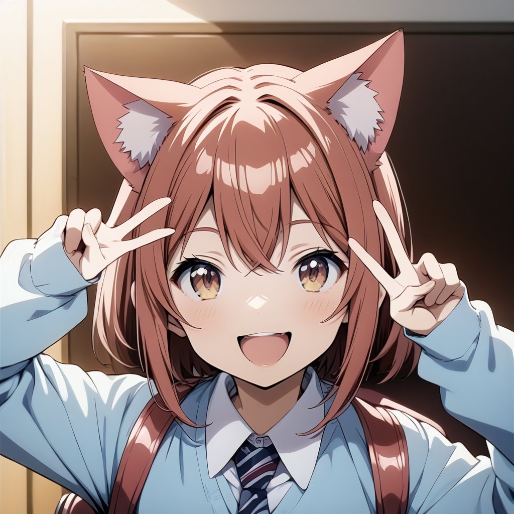 1girl,red_hair,cat_ears,smile,upper teeth only, collared_shirt,peace_sign,backpack, portrait,