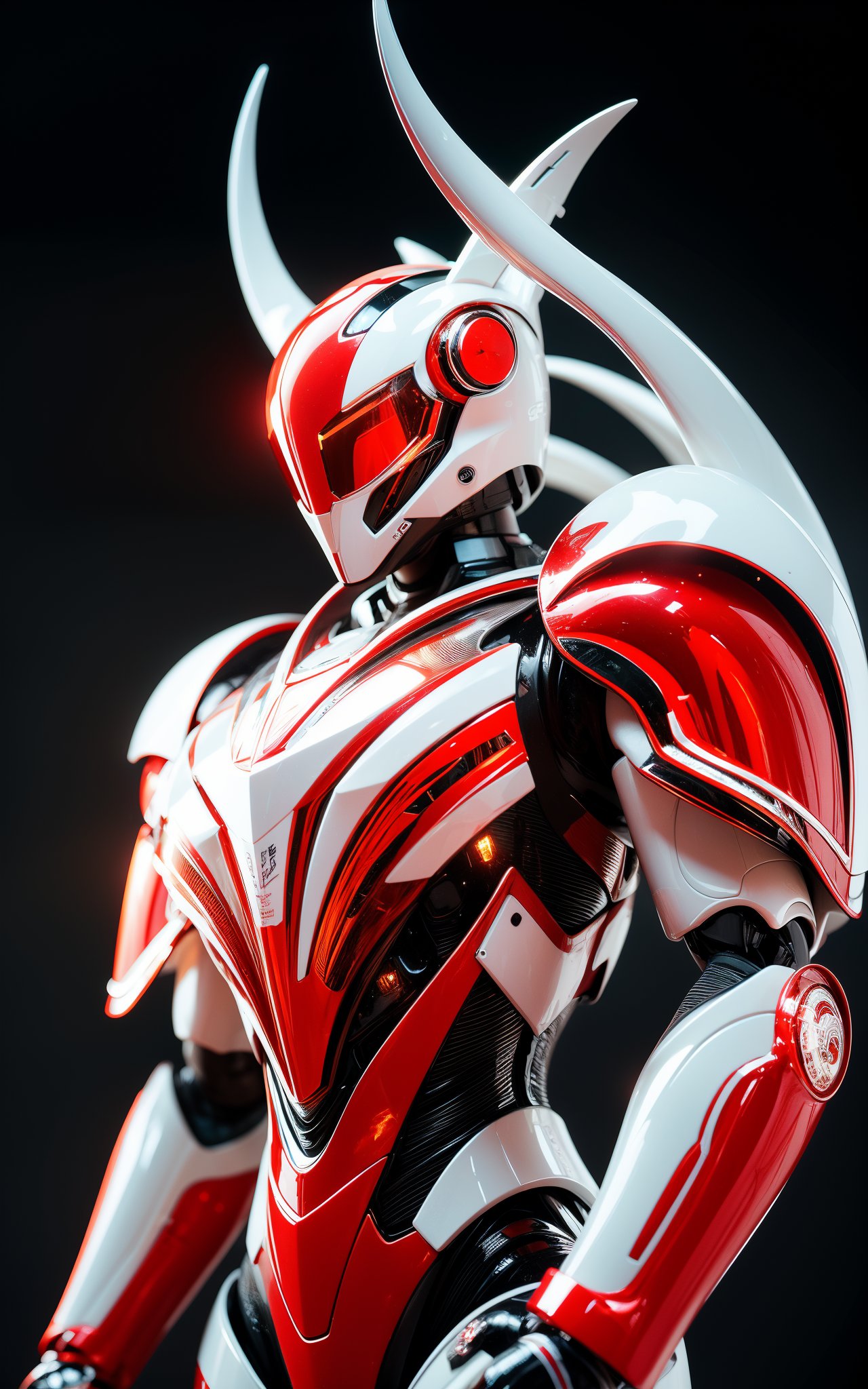 A futuristic robot designed with the characteristics of the Aries zodiac sign,maintaining the sleek design with glossy white and red armor. The robot's head is styled to subtly suggest a ram's horns,an iconic feature of Aries,while its posture exudes strength and confidence. It stands against a clean black background,with delicate lighting that casts a heroic silhouette,located deep aesthetic,intricate,elegant,sharp focus,cinematic,unique,detailed,rich bright colors,contemporary,stunning,attractive,illustrious,sublime,smart,luxurious,pretty,color balanced,dramatic ambient light,dynamic composition,magical,thought,beautiful,marvelous,splendid,perfect,romantic,positive,