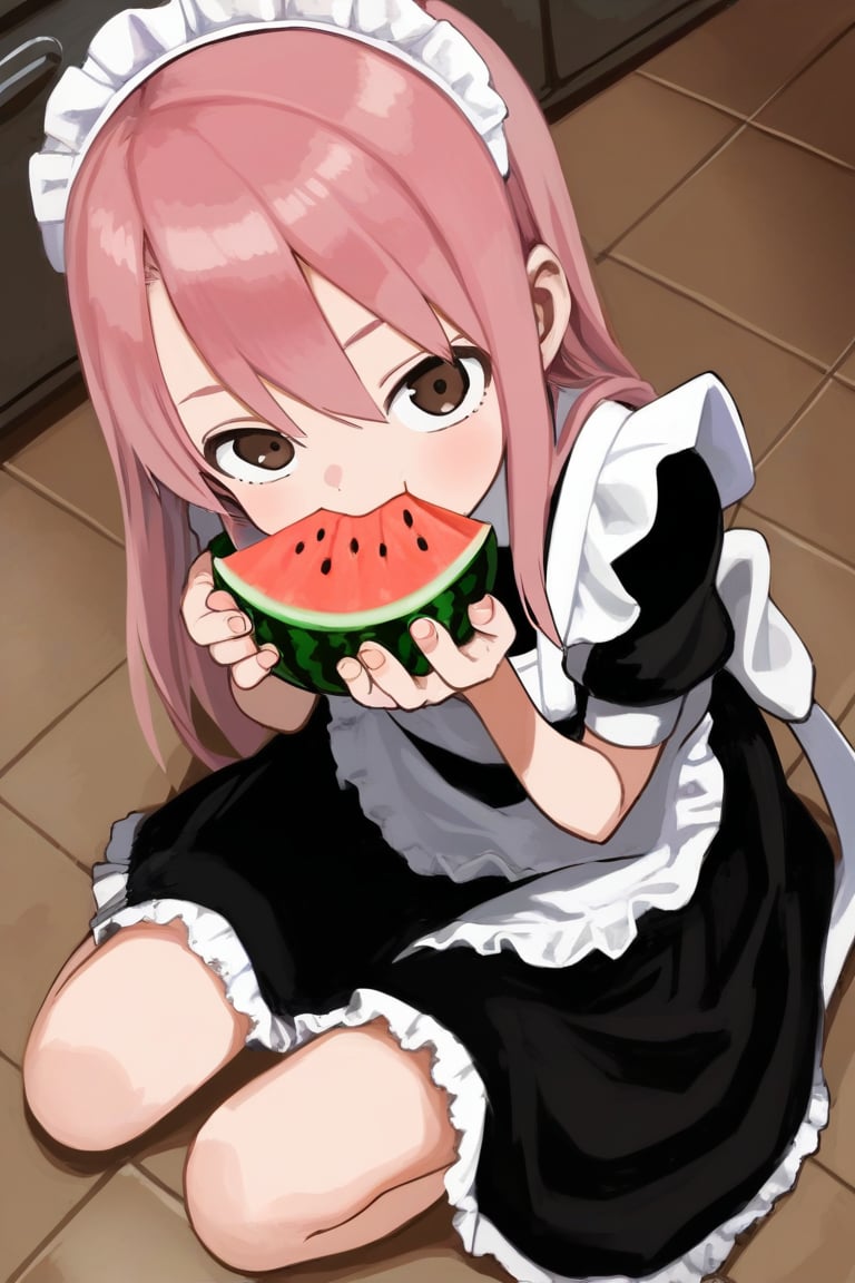 score_9, score_8_up, score_7_up, rating_safe BREAK1girl, :t, looking at viewer, long hair, pink hair, brown eyes, black dress, maid dress, flat chest, sitting, on floor, (eating, melon), from above, kitchen